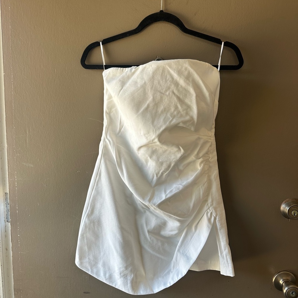 White Strapless Mini Dress/Romper with Side Slit